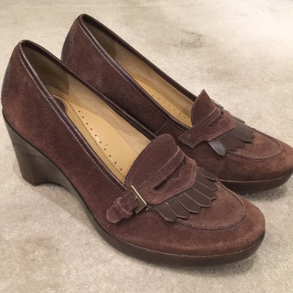 Brown suede wedge loafers